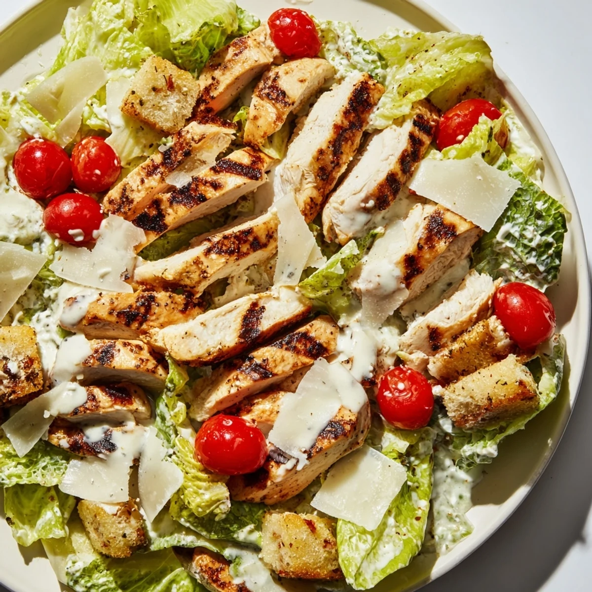 Close-up of a vibrant yogurt Caesar grilled chicken salad shows glistening dressing coating romaine leaves, juicy tomato halves, and savory grilled chicken slices.