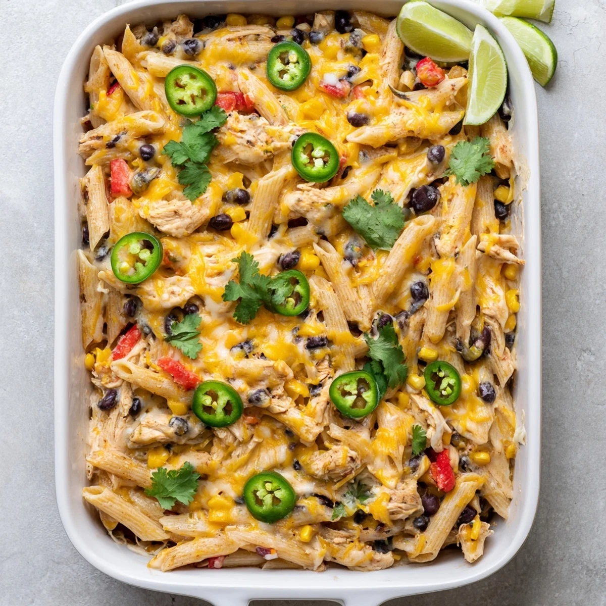 Golden, bubbly melted cheddar and Monterey Jack cheese blankets a hearty Chicken Burrito Pasta Bake, packed with penne, black beans, and corn.