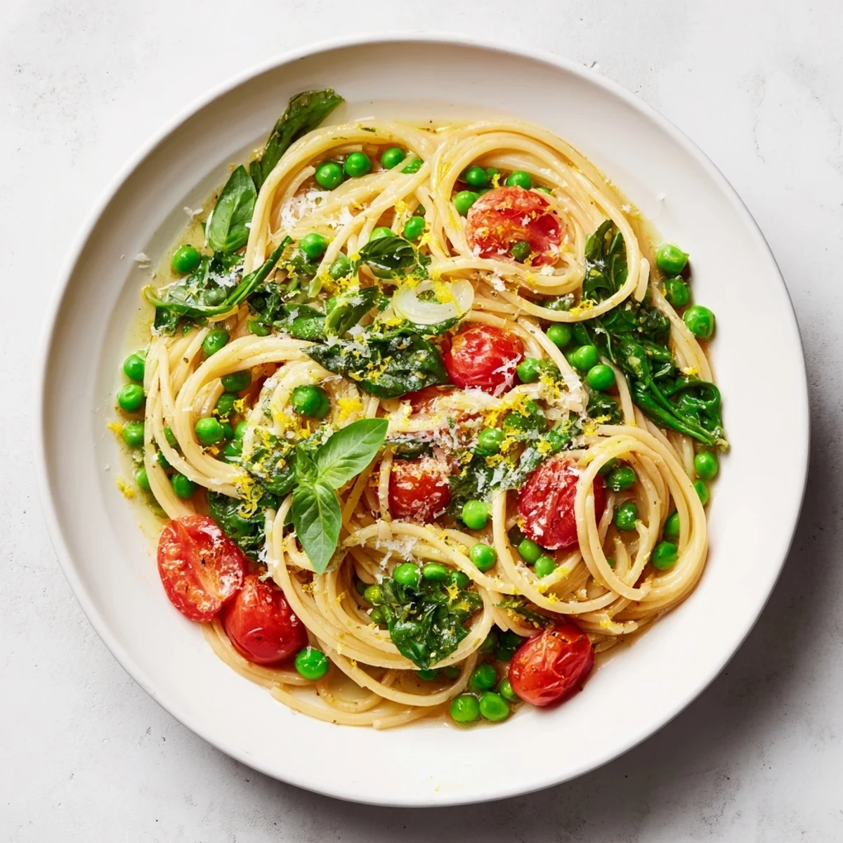The finished Spring Veggie One-Pot Spaghetti, steamy and colorful, ready to be served for an easy weeknight meal.