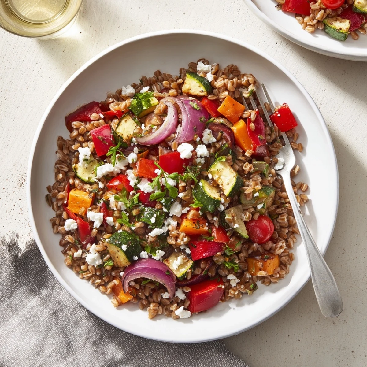 Golden-brown roasted vegetables like bell pepper and zucchini mingling with chewy farro, finished with fresh parsley and optional feta cheese.