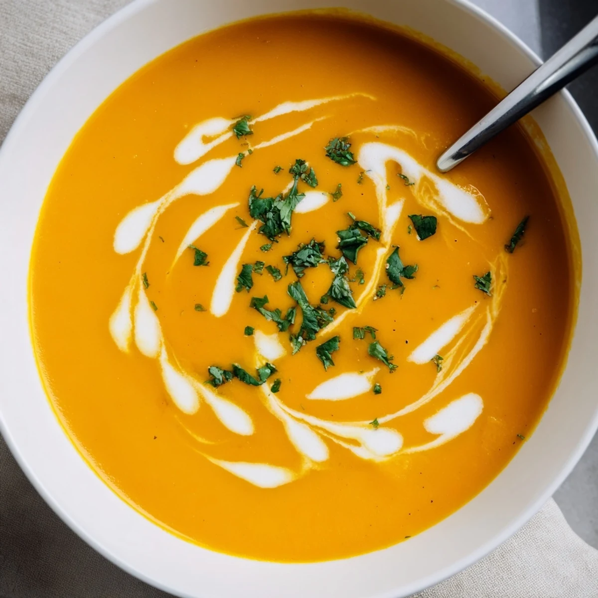 This bowl of vibrant Carrot Ginger Soup features silky-smooth, bright orange puree topped with a swirl of coconut cream and fresh herbs.  