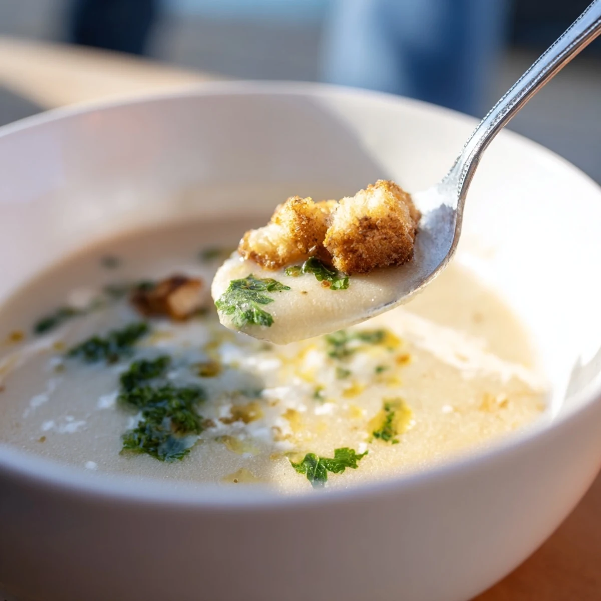Homemade roasted garlic soup with a garnish of chopped parsley, perfect for a comforting vegetarian dinner.