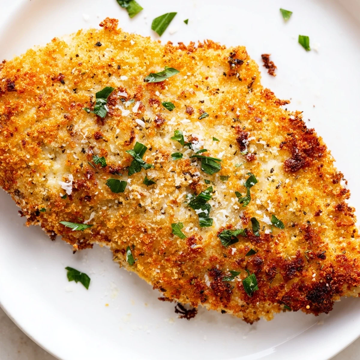 Golden-brown roasted garlic Parmesan chicken breasts, glistening with melted butter and herbs on a baking sheet.  