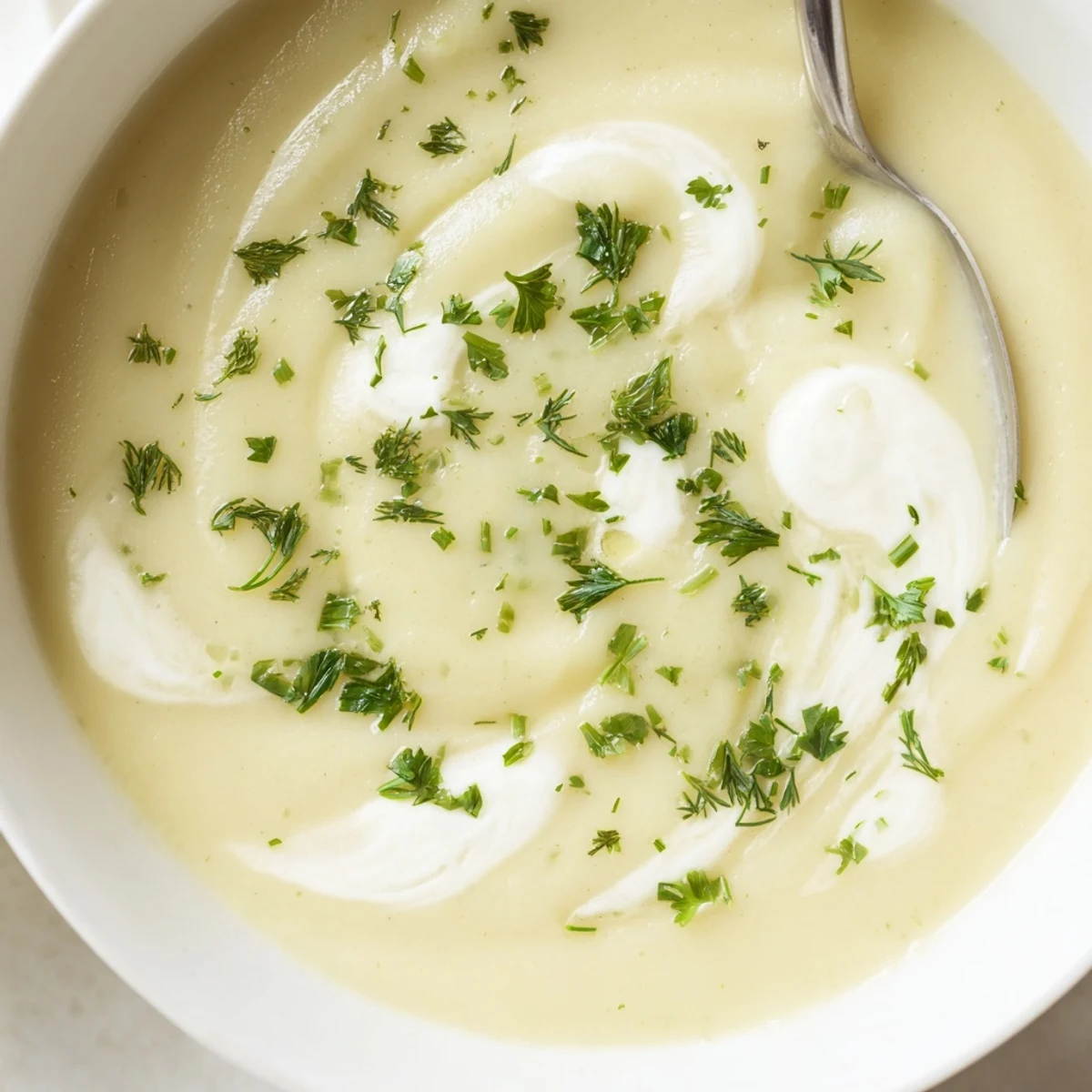 Creamy roasted parsnip and herb soup in a rustic white bowl, garnished with fresh chives and dill.