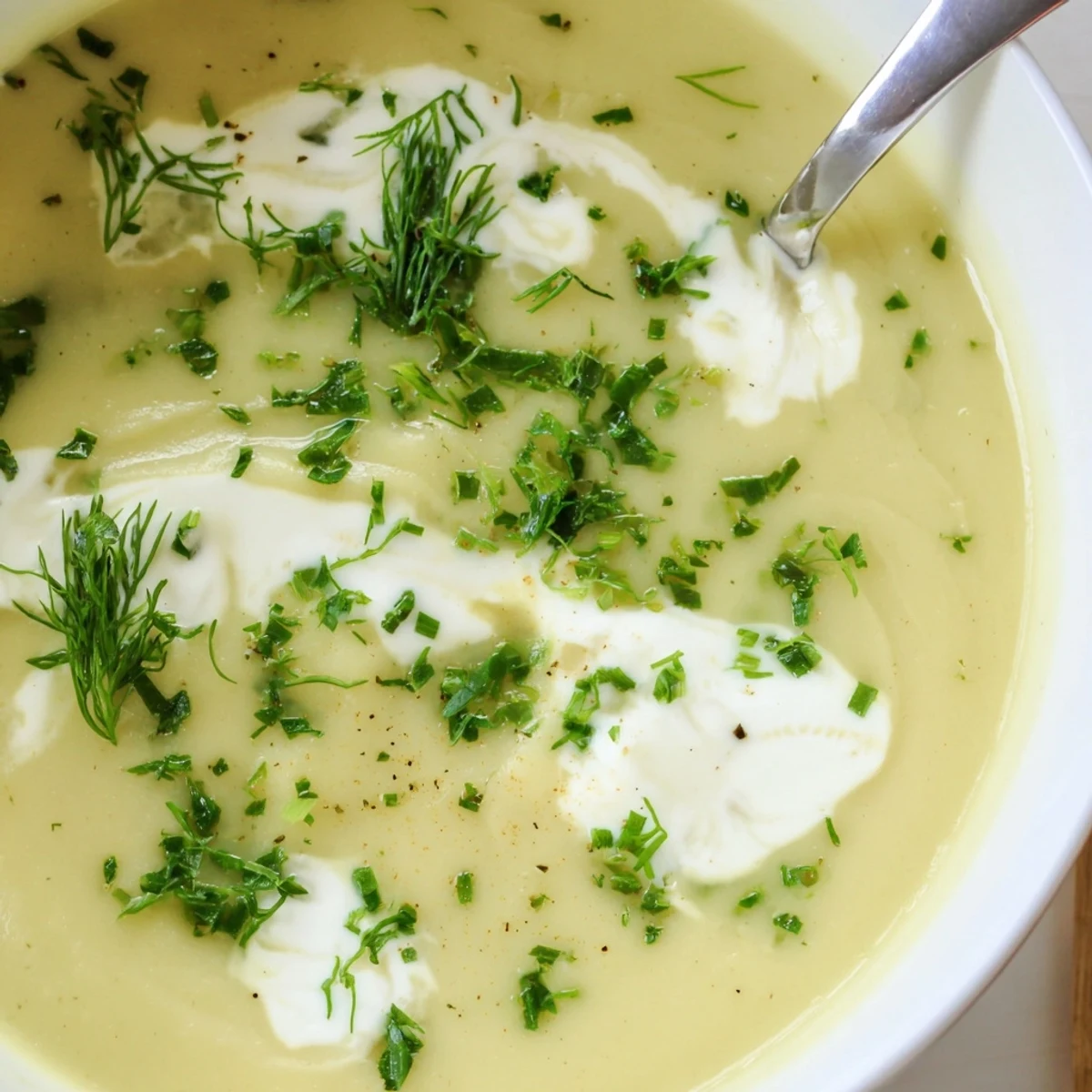 A velvety parsnip and herb soup served with crusty bread on a wooden table, steam rising.