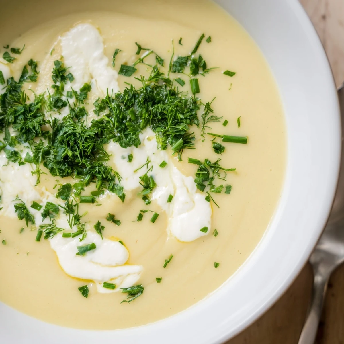 Close-up of golden parsnip and herb soup, topped with parsley and a swirl of cream.
