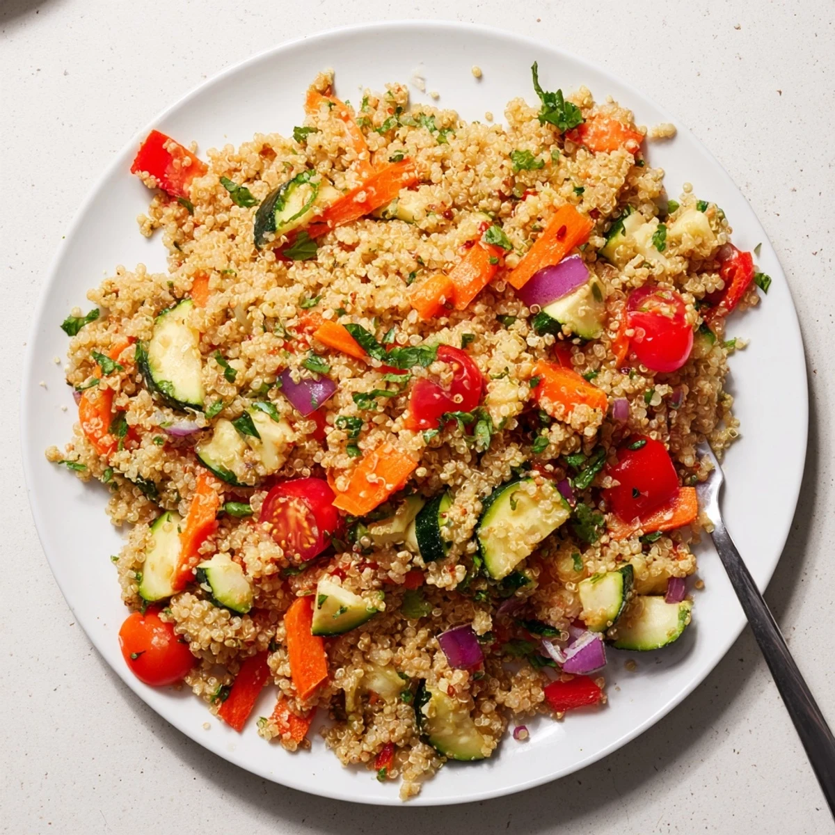 A close-up of fluffy Quinoa Vegetable Pilaf with roasted red bell pepper, zucchini, and cherry tomatoes, garnished with fresh parsley and lemon.  