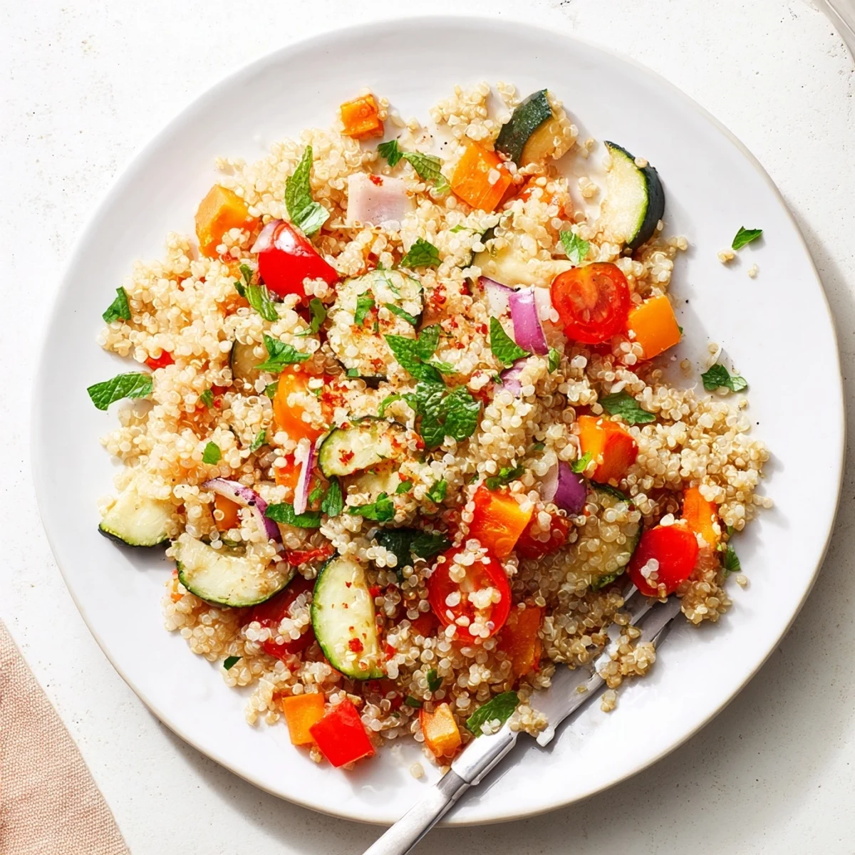 Hearty bowl of Quinoa Vegetable Pilaf featuring colorful roasted vegetables and herbs, perfect as a vibrant vegetarian main dish.  