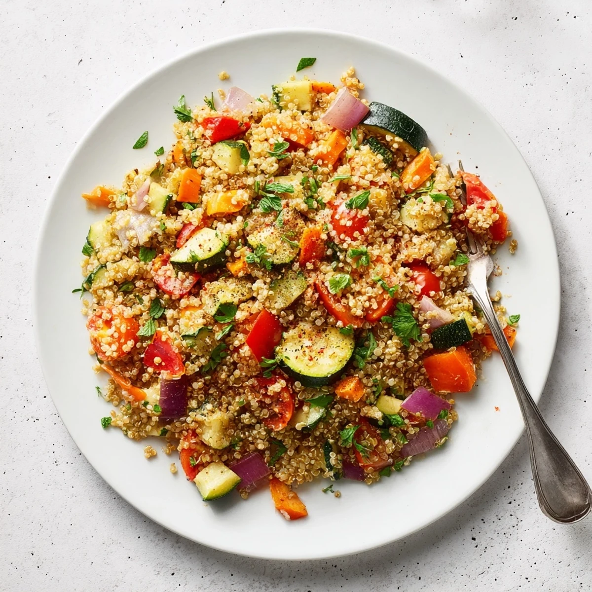 Colorful Quinoa Vegetable Pilaf served in a rustic bowl, topped with fresh mint and lemon juice for a bright finish.