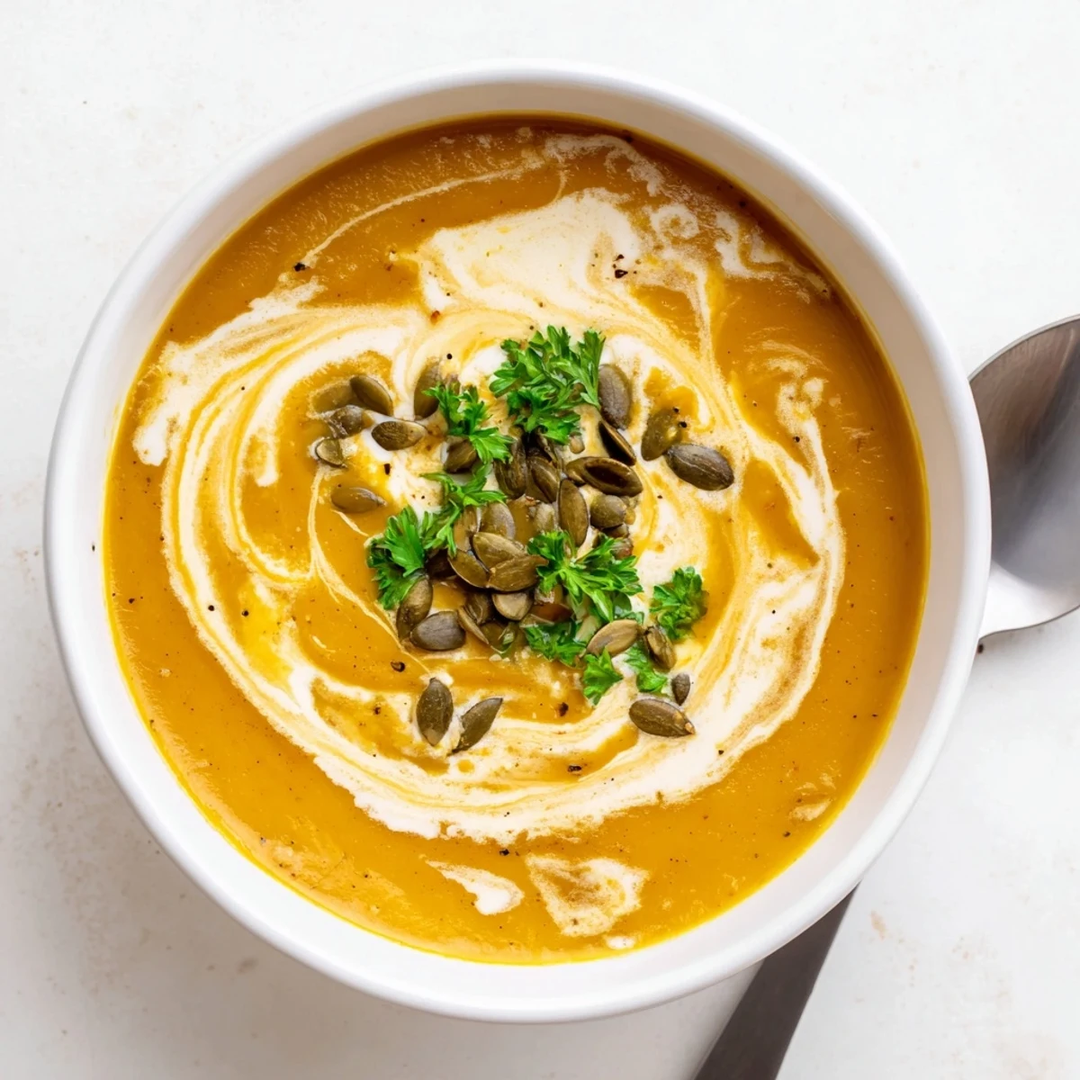A steaming bowl of butternut squash and apple soup garnished with toasted pumpkin seeds, served from a rustic pot.