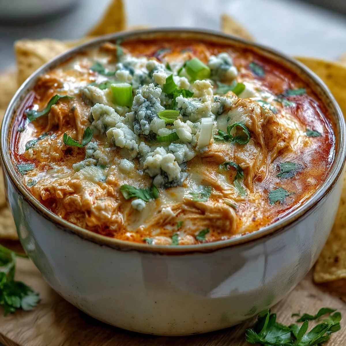 Hearty Crock Pot Buffalo Chicken Dip Soup in a slow cooker, featuring tender shredded chicken and a rich orange broth.