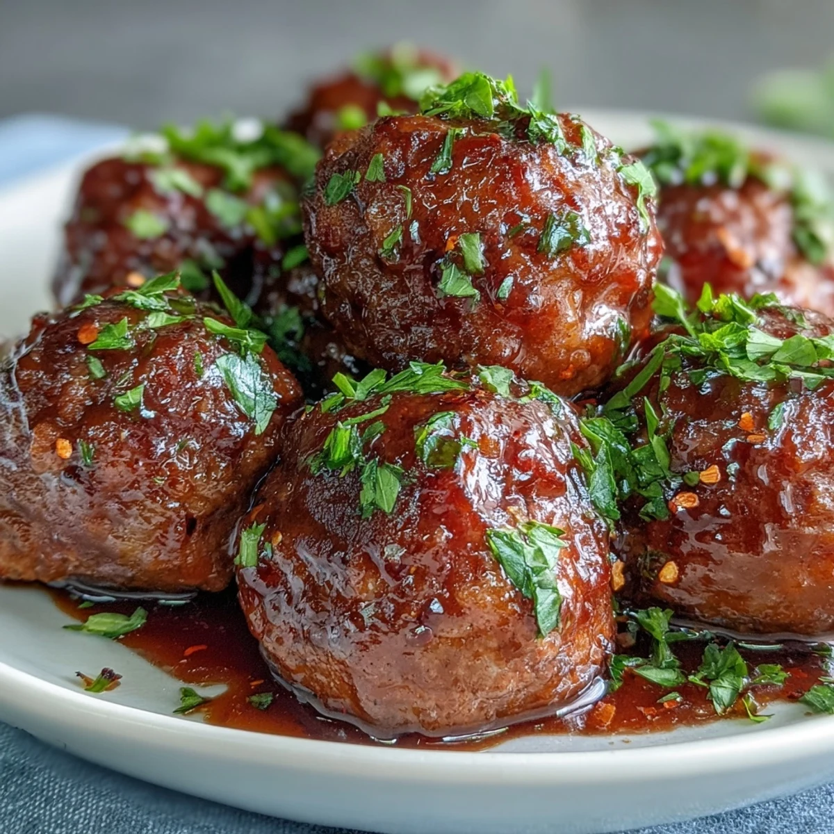 Slow Cooker Peach Glazed Meatballs simmering in a sweet and tangy sauce, served hot as a party appetizer with toothpicks.