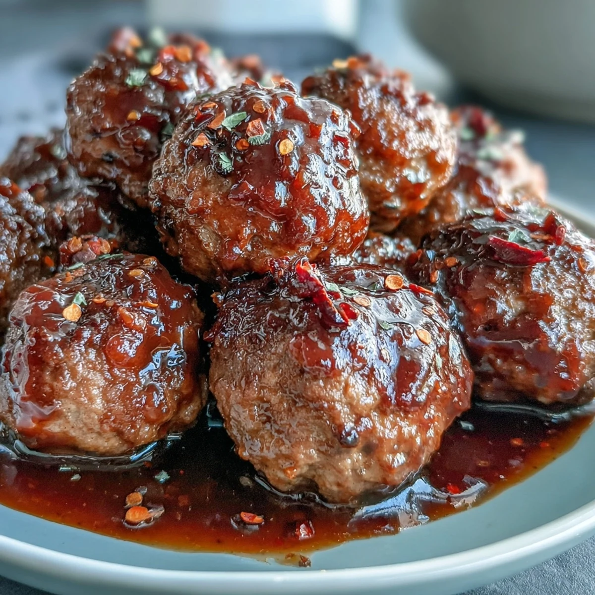 A serving of Slow Cooker Peach Glazed Meatballs garnished with fresh parsley, highlighting the sticky, sweet, and savory glaze.