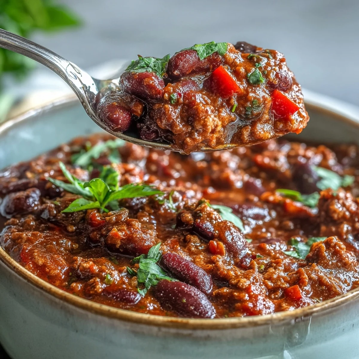 Thick, hearty slow cooker chili with ground beef and beans simmering in a rich, spiced tomato sauce.