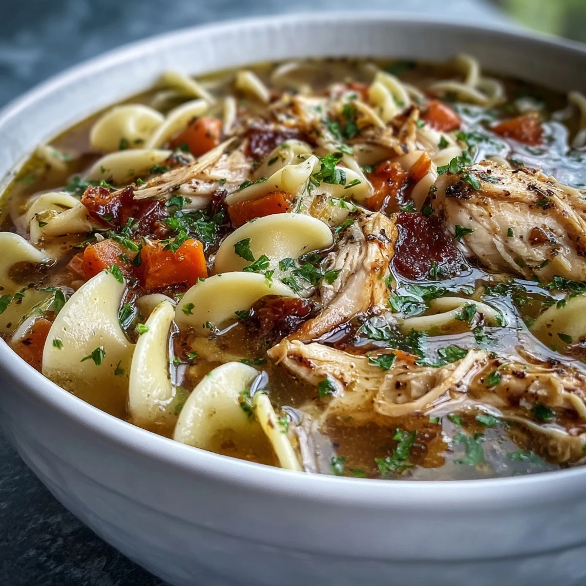 Fresh parsley garnishes this hearty Instant Pot Chicken Noodle Soup, served in a rustic bowl for a cozy weeknight meal.