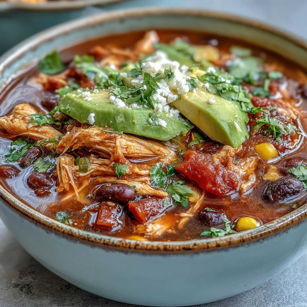 Bowl of Instant Pot Chicken Tortilla Soup topped with avocado, cilantro, and crunchy tortilla strips.