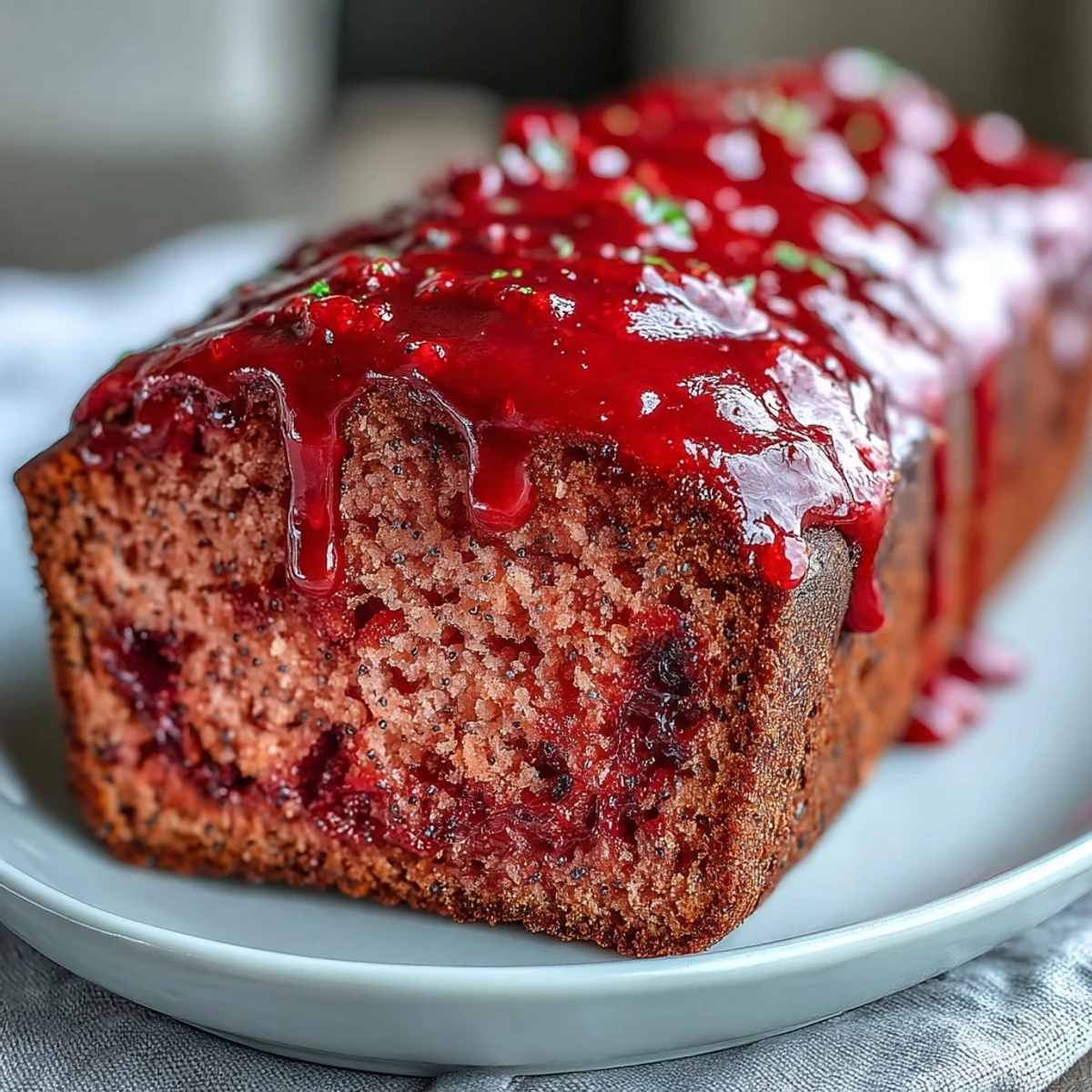 Slice of Blood Orange Loaf Cake reveals ruby-red crumb with poppy seeds and marzipan, paired with steaming tea on a linen napkin.