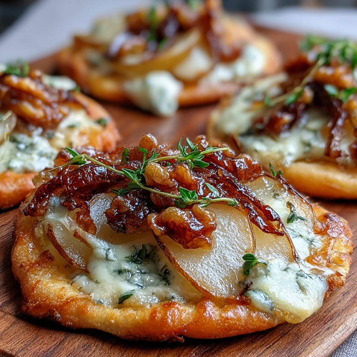 Freshly baked Pear, Gorgonzola, and Pickled Walnut pizzettes drizzled with honey and garnished with peppery arugula for an elegant appetizer.