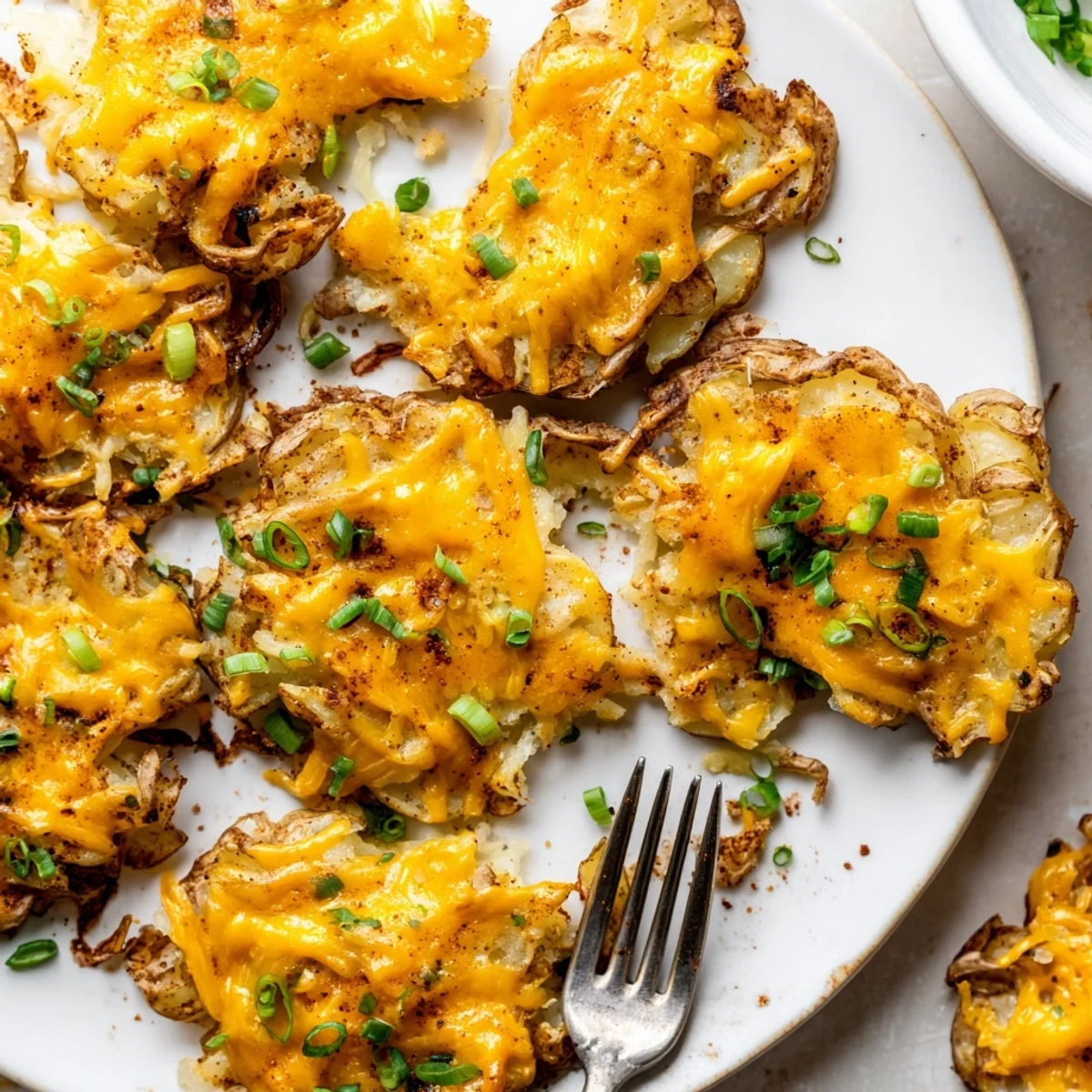 Crispy Smashed Green Onion Potato Bombs topped with melted cheese and fresh herbs.  