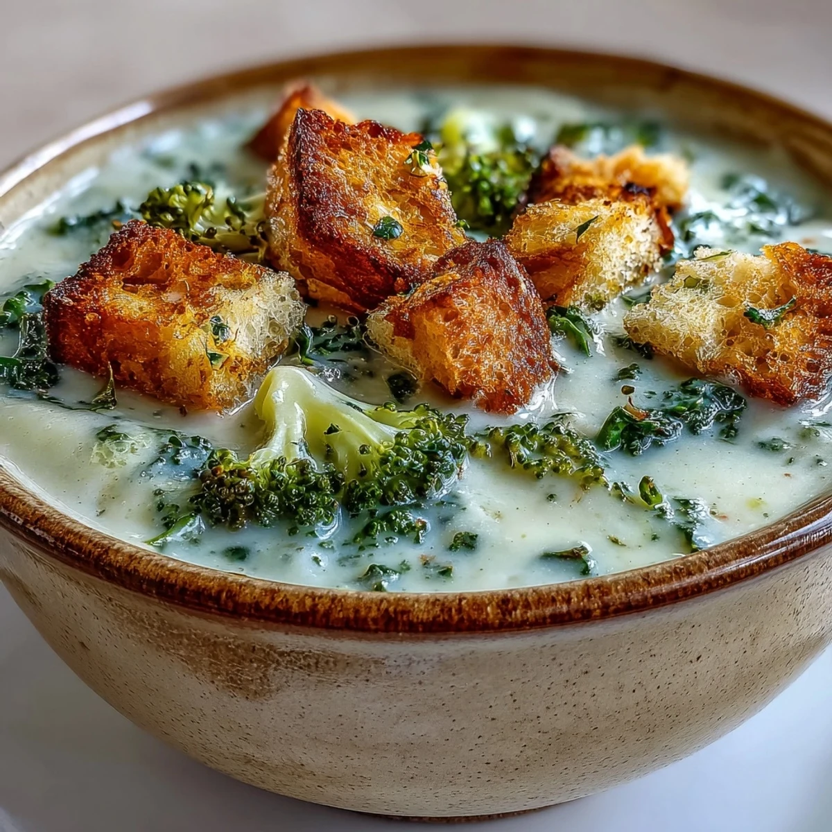 Homemade Cauliflower and Broccoli Soup with tender vegetables and crunchy garlic croutons, presented in a white bowl with a spoon beside it.