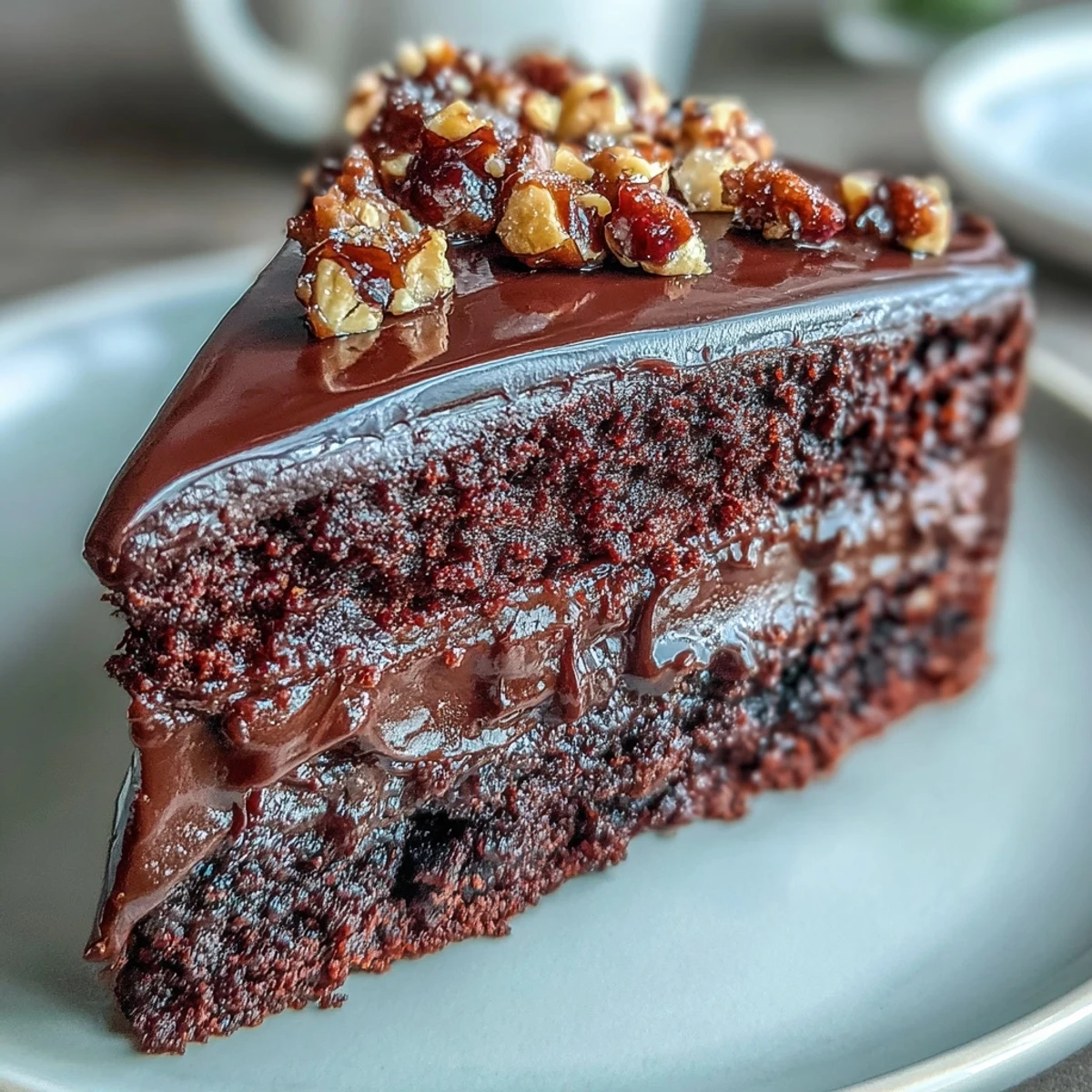 A slice of Chocolate Celebration Cake with rich ganache and crunchy hazelnut praline on a dessert plate.  