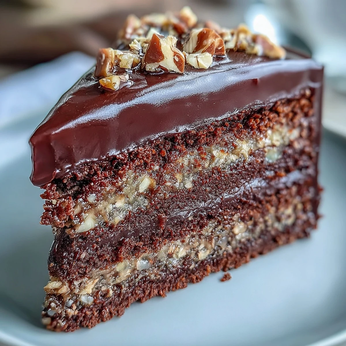 A rustic Chocolate Celebration Cake topped with golden hazelnut praline shards and fresh berries.