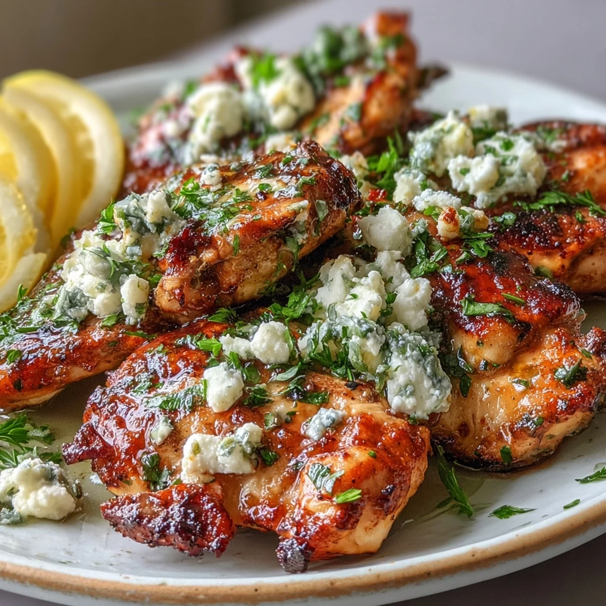 Juicy Greek Chicken with Lemon and Feta sizzling in a skillet, topped with crumbled feta and fresh herbs.