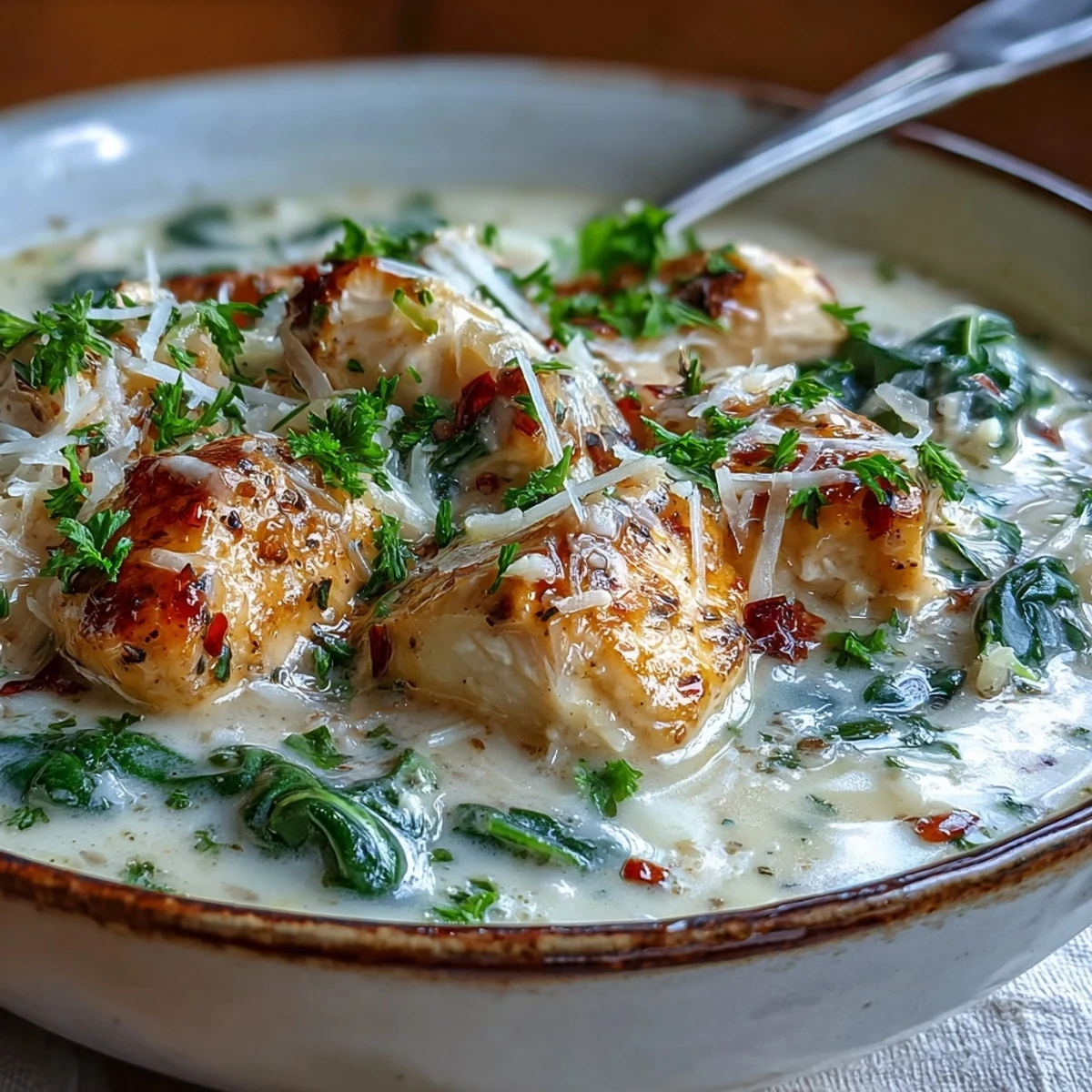 A bowl of velvety Garlic Parmesan Chicken Soup garnished with fresh parsley, steam rising and a spoon ready to serve.
