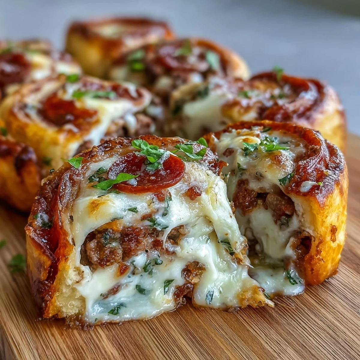 Freshly baked Irresistible High Protein Pepperoni Pizza Rolls with golden, cheesy tops and melted mozzarella peeking out from the soft dough. 