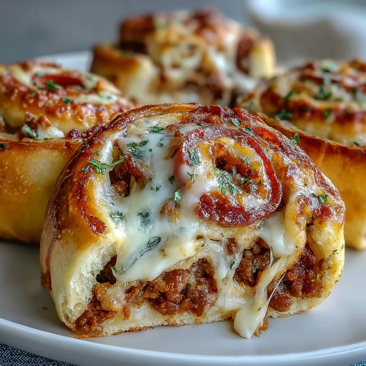 Freshly sliced Irresistible High Protein Pepperoni Pizza Rolls revealing layers of savory lean beef, pepperoni, and gooey mozzarella inside.