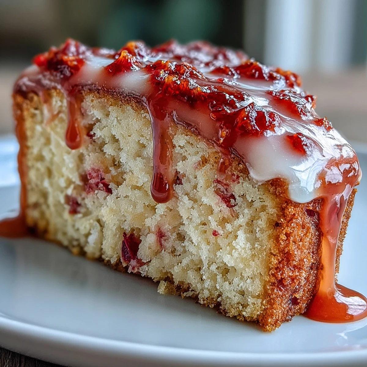 Slice of Heavenly Blood Orange Yogurt Cake on a white plate, revealing a moist crumb and served with fresh berries.