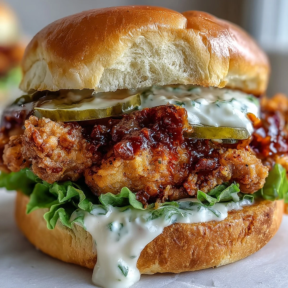 Creamy homemade sauce is drizzled over the spicy chicken sandwich for a juicy, flavorful bite.