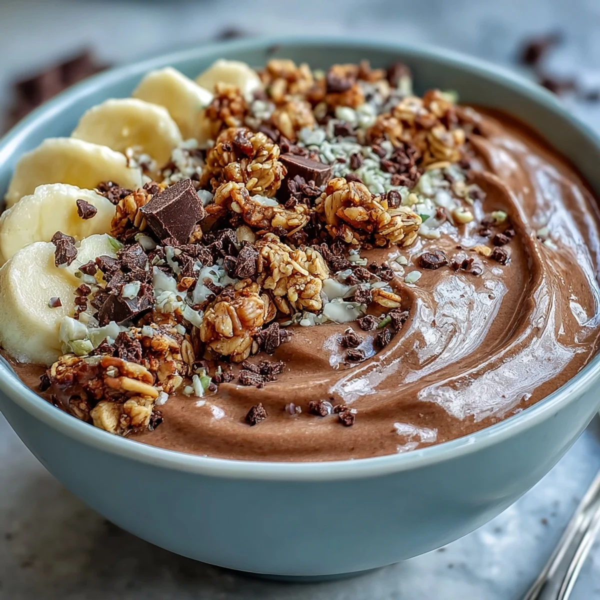 Dairy-free Chunky Monkey Smoothie Bowls served in a white bowl, finished with rich peanut butter swirls.