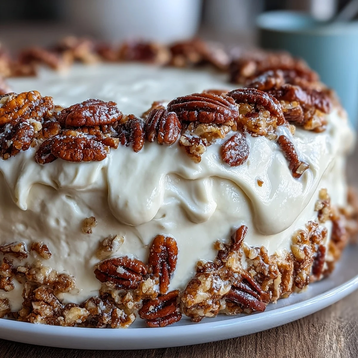 Close-up of Butter Pecan Tres Leches Cake soaked in milky mixture and topped with sweet cream