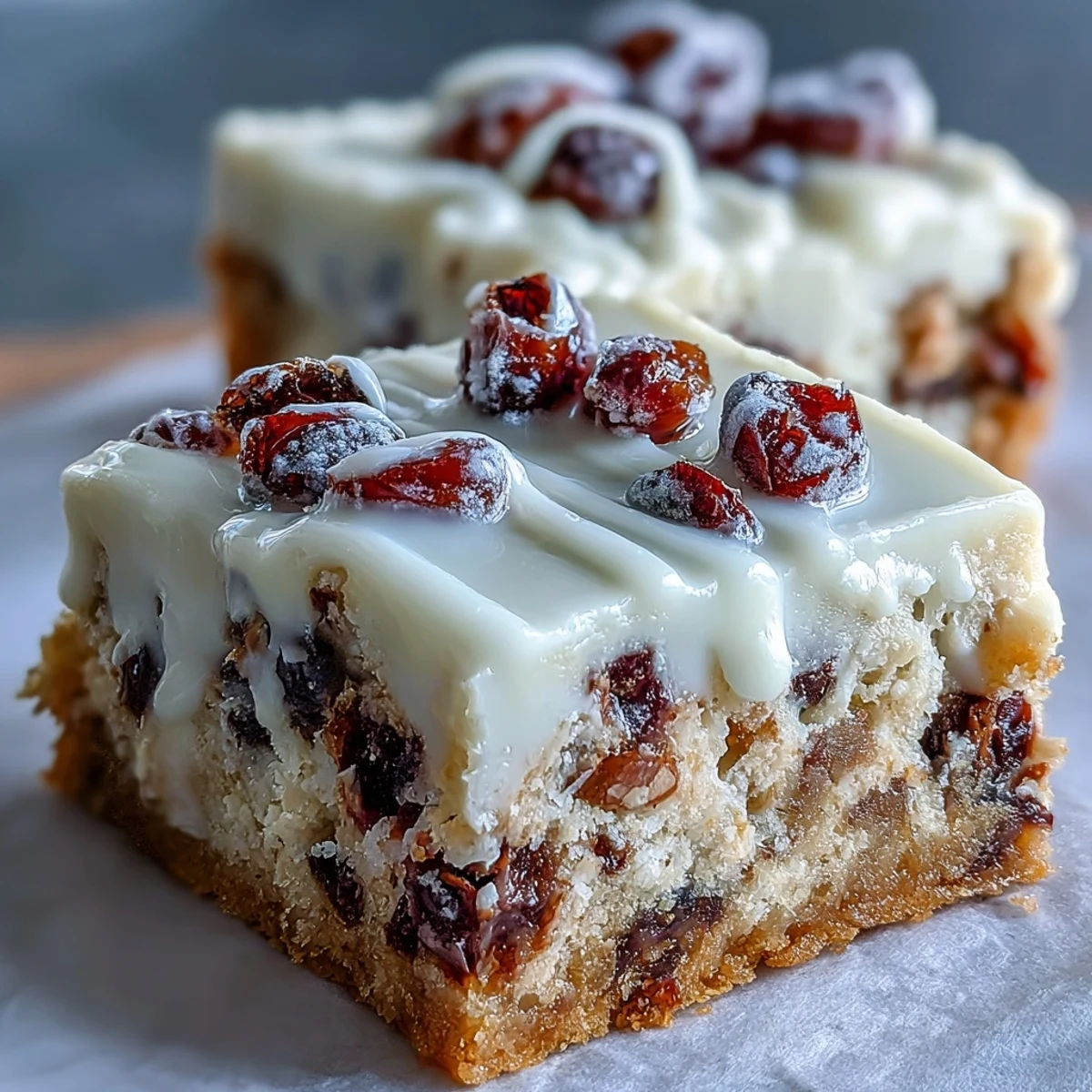 Golden-brown Cranberry Bliss Bars topped with glossy white chocolate drizzle and vibrant dried cranberry garnish on a rustic wooden table.