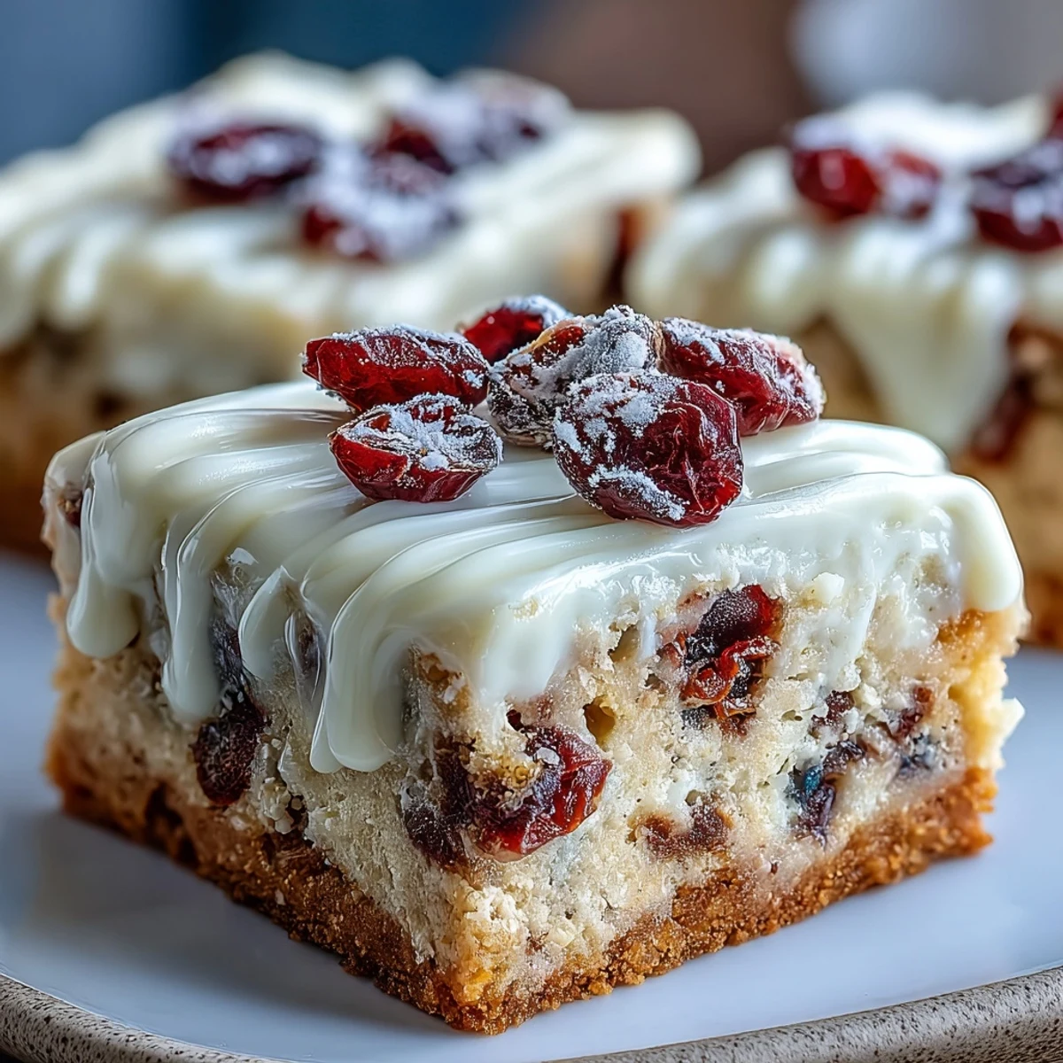Freshly baked Cranberry Bliss Bars served on a festive platter with orange zest garnish, ideal for holiday dessert spreads.