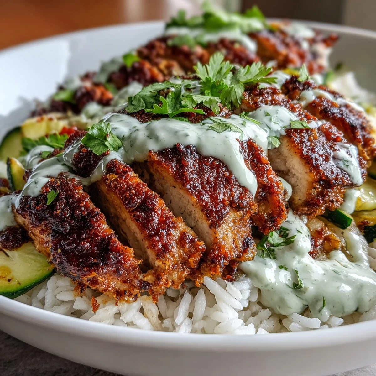 Spicy blackened chicken, vibrant peppers, and zesty lime crema drizzled over rice in a colorful food bowl.