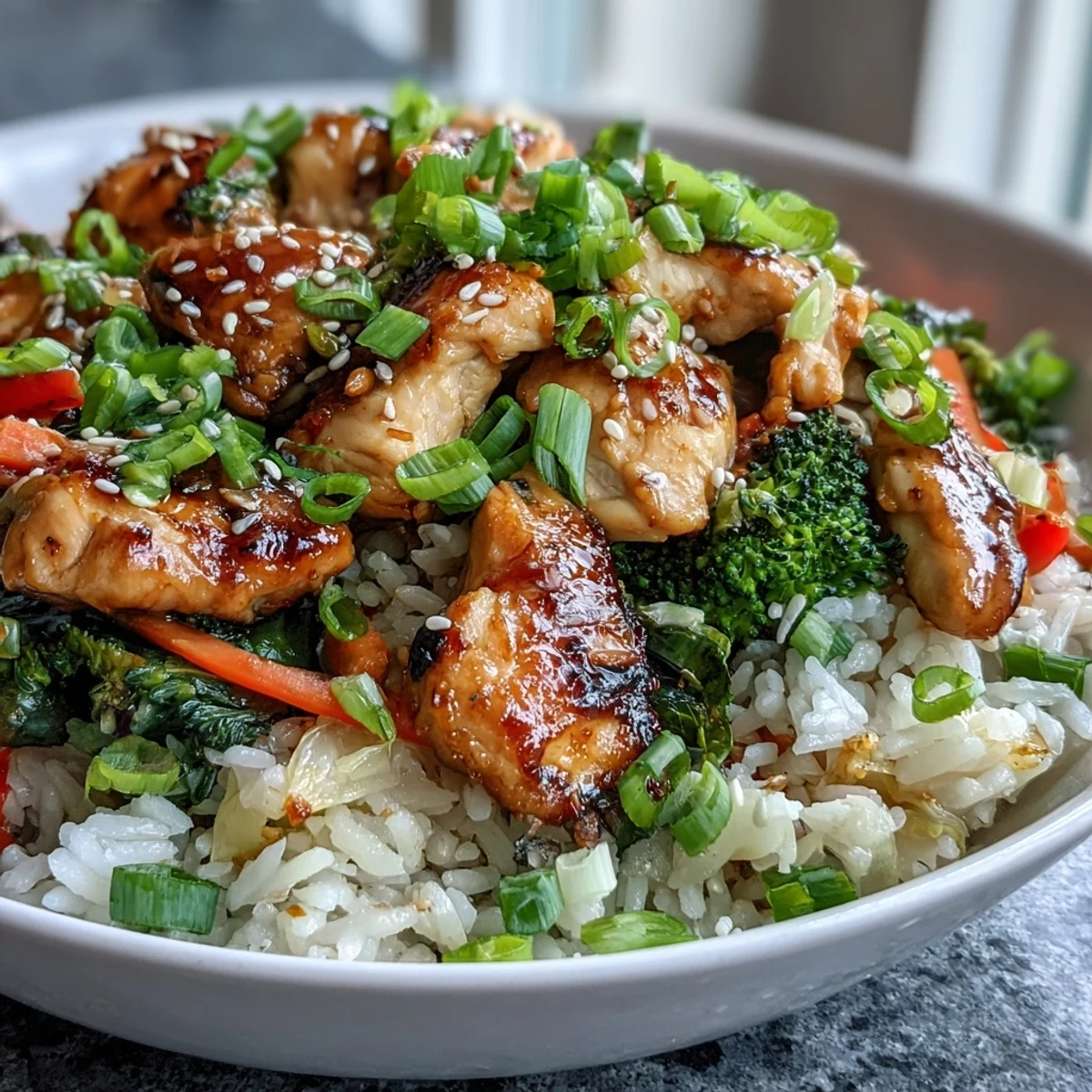 Golden-brown Chicken and Rice Bowl topped with fresh green onions and sesame seeds, served with a lime wedge for squeezing.