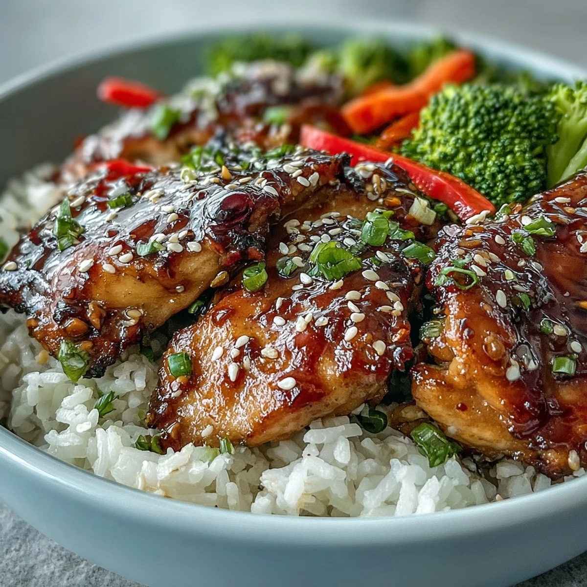 Golden Honey Garlic Chicken Bowl with fluffy rice, crisp steamed broccoli, carrots, and red bell peppers, topped with sesame seeds.