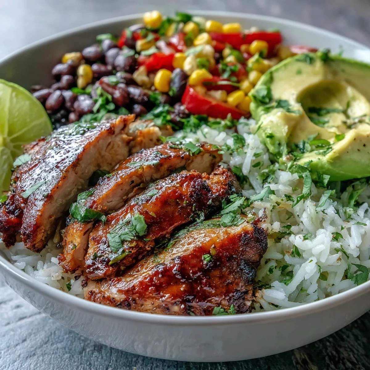 Fluffy rice topped with Cajun Chicken Bowl, loaded with black beans, sweet corn, and colorful bell peppers.