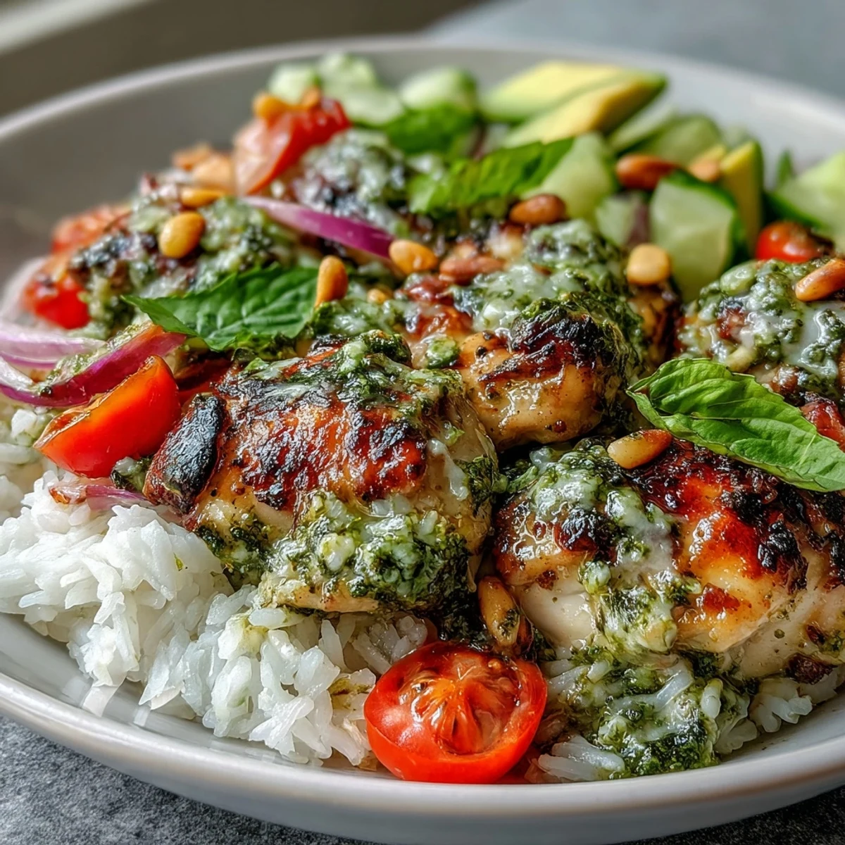 A vibrant Pesto Chicken Bowl with juicy chicken, fluffy rice, avocado, and fresh veggies. 