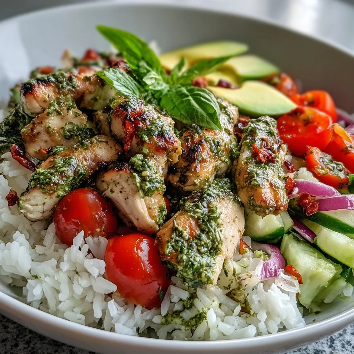 Savory Pesto Chicken Bowl served warm with spinach, avocado, and basil garnish.