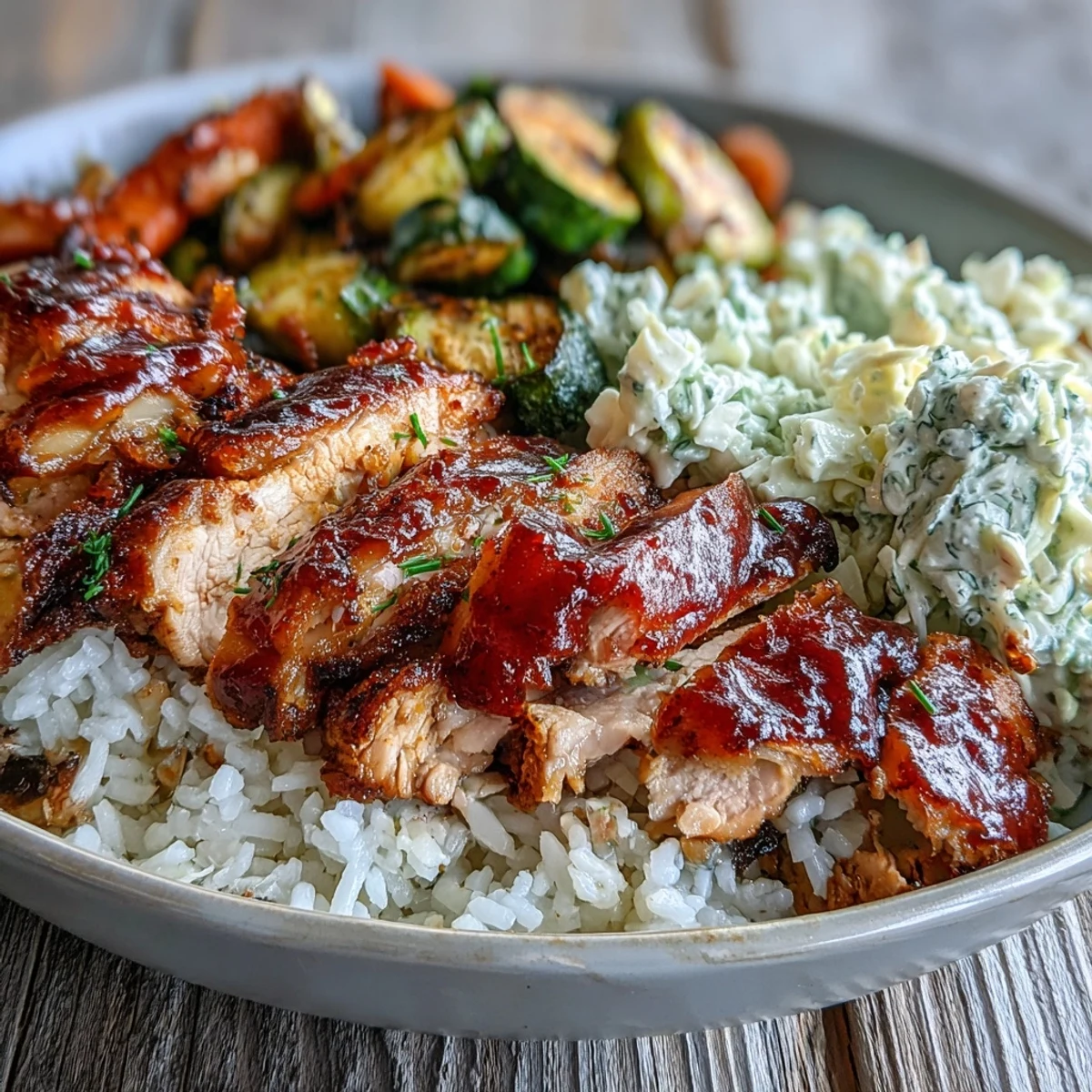 BBQ Chicken Bowl with roasted zucchini, bell peppers, and broccoli served hot for a crowd-pleasing dinner.