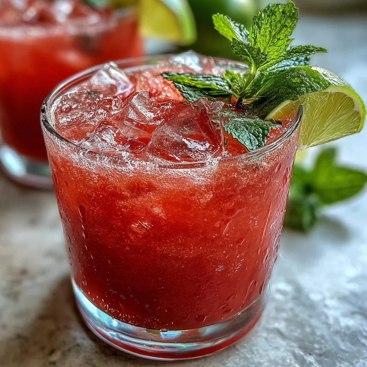 Chilled glass of vibrant Guava Nectar Drink over ice, garnished with a fresh lime wedge and mint sprig.