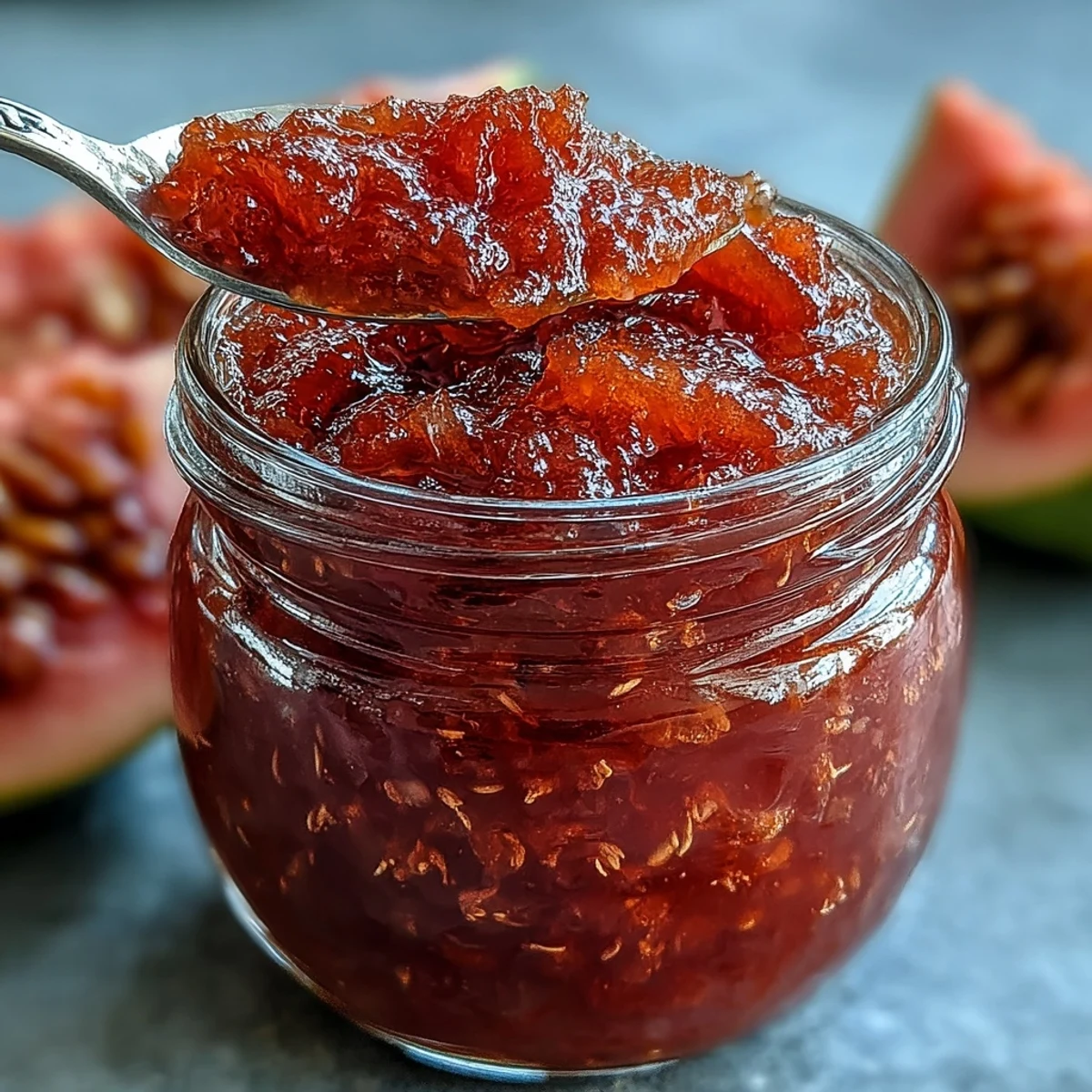 Sunlit bowl of homemade guava preserves, its glossy, tropical pink spread perfect for a cheese board.