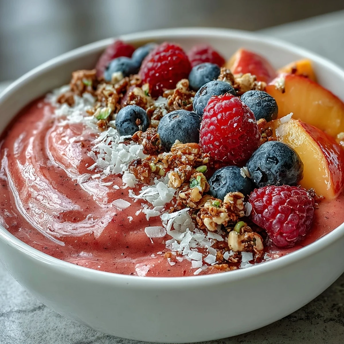 Vibrant Guava and Mango Smoothie Bowl with diced mango, sliced banana, and mixed berries, sprinkled with coconut flakes on a rustic wooden table.