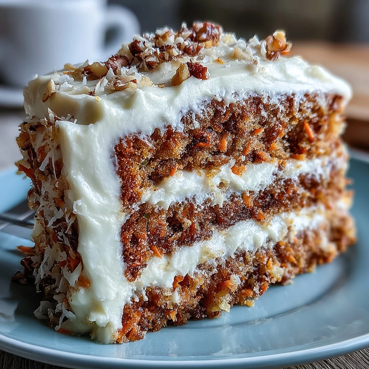 Moist slices of Christmas Hawaiian Carrot Pineapple Cake with cream cheese frosting, topped with toasted coconut flakes for a festive dessert.