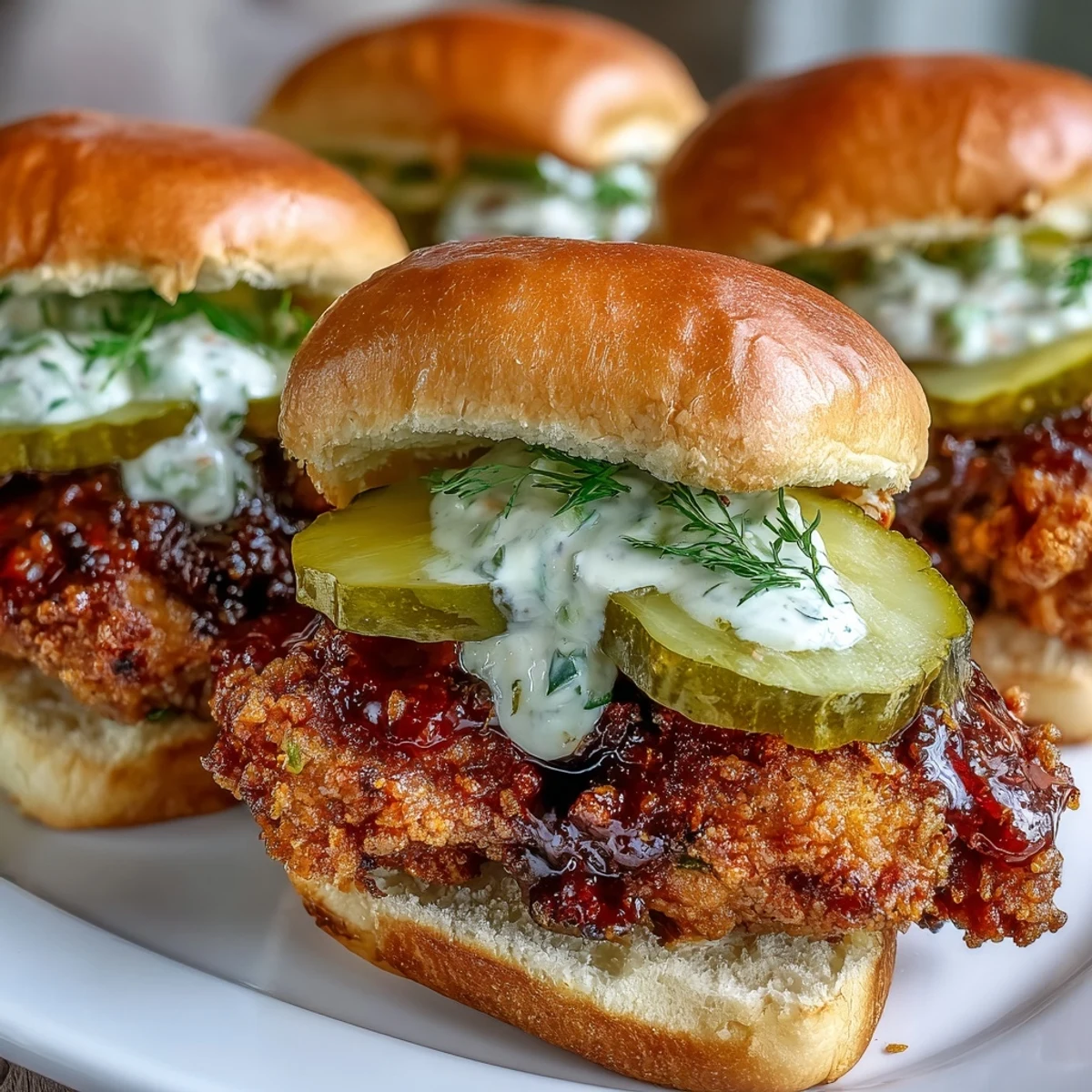 Close-up of a toasted slider bun revealing juicy chicken and creamy dill pickle aioli, a perfect Southern appetizer bite.