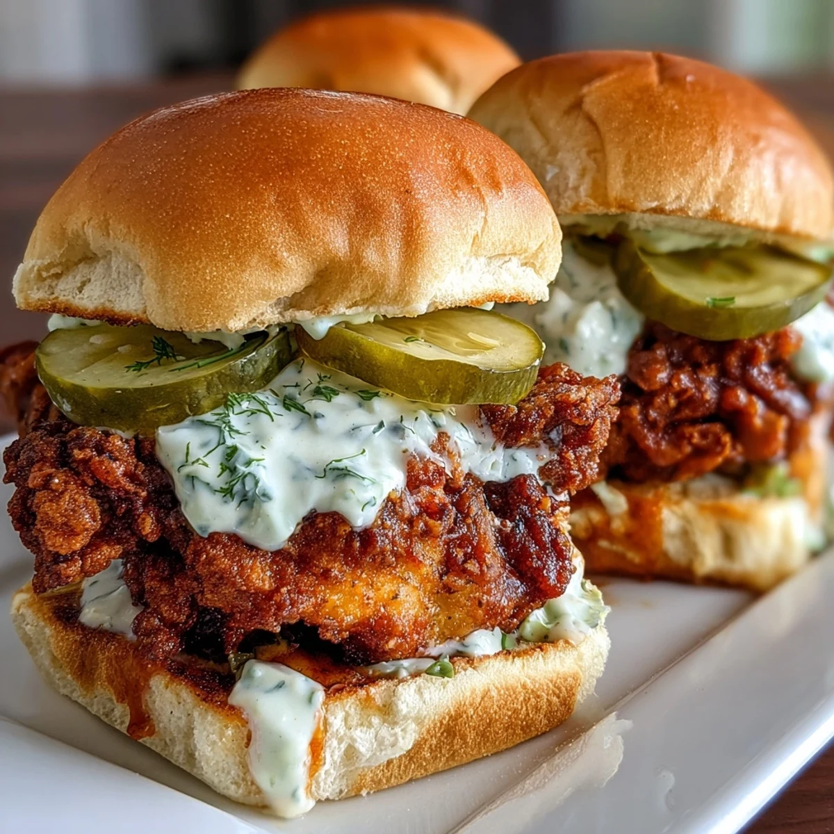 Sizzling Nashville Hot Chicken Sliders served on a platter, garnished with fresh dill and extra pickles for a tangy kick.