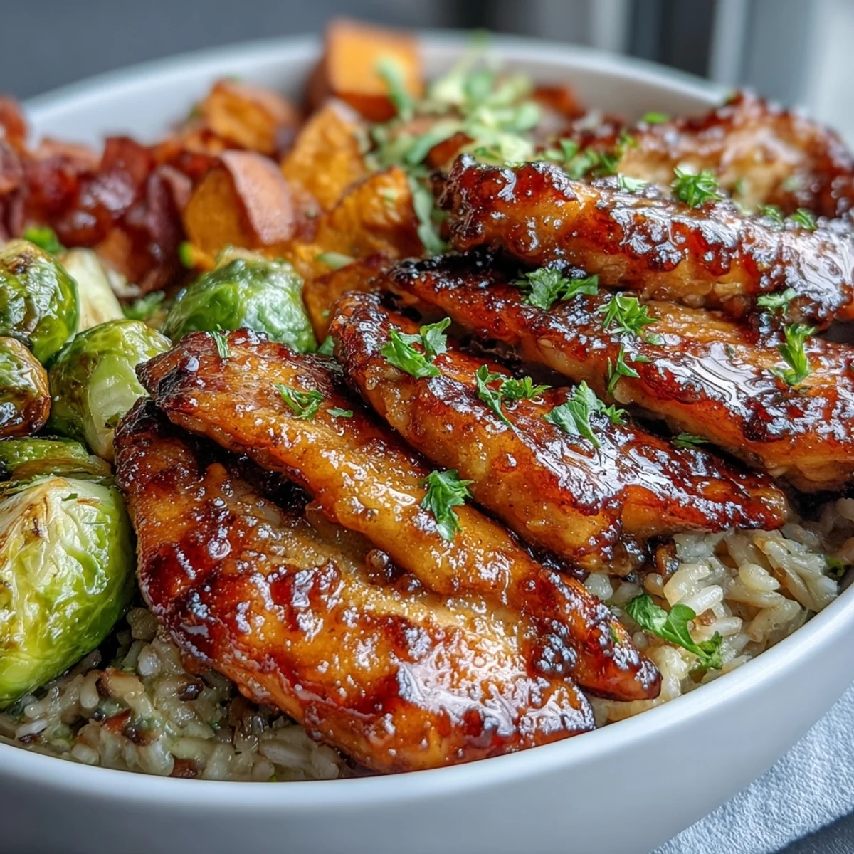 Overhead view of four Maple Dijon Chicken Sweet Potato Bowls with colorful sweet potatoes, Brussels sprouts, and chicken.